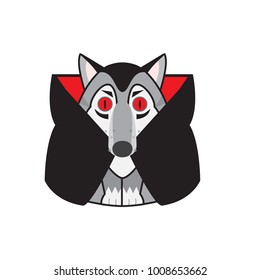Vector abstract illustration of cute siberian husky, Alaskan malamutes or wolf. Cartoon vampire dog with red eyes and Dracula cloak . Abstract flat style