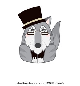 Vector abstract illustration of cute siberian husky, Alaskan malamutes or wolf. Cartoon husky dog with pretty grey eyes and tongue, glasses and black silk hat. Abstract flat style