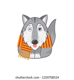 Vector abstract illustration of cute siberian husky, Alaskan malamutes or wolf. Cartoon husky dog with stripped scarp, orange and brown colors, twinkle eyes