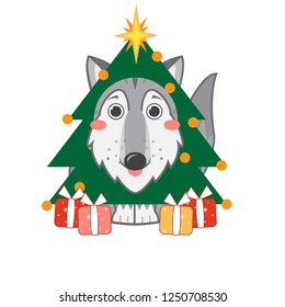 Vector abstract illustration of cute siberian husky, Alaskan malamutes or wolf. Cartoon husky dog with Christmas tree with star and presents. Funny smiling face