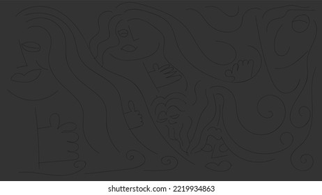 Ilustración abstracta vectorial. Fondo gris oscuro. Caras humanas con el pelo largo. Esbozo, línea. Dibujo de línea. Manos. Dibujo abstracto.