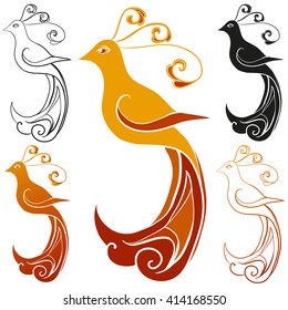 Vector abstract illustration of decorative cartoon hand drawn phoenix collection. Multicolored and monochrome birds isolated on white background. Eps 8.