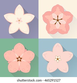 Vector abstract illustration of decorative flat Japan cherry blossom set - 4 sakura flowers with long shadows. Isolated oriental posters. Asia concept. Eps 8.