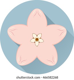 Vector abstract illustration of decorative flat Japan cherry blossom - flowering sakura with long shadow. Isolated on round blue background. Oriental poster. Asia concept. Eps 8.