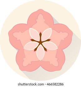 Vector abstract illustration of decorative flat Japan cherry blossom - flowering sakura with long shadow. Isolated on round light pastel peach background. Oriental poster. Asia concept. Eps 8.