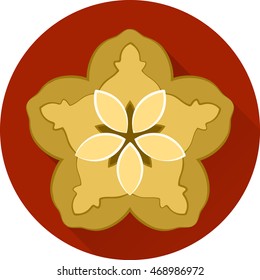 Vector abstract illustration of decorative flat Japan cherry blossom - flowering golden sakura with long shadow. Isolated on round red background. Oriental poster. Asia concept. Eps 8.