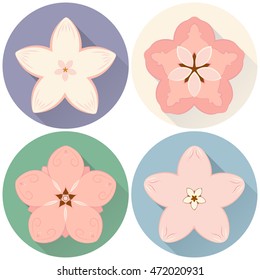 Vector abstract illustration of decorative flat Japan cherry blossom sakura flowers with long shadows. Isolated round oriental posters. Asia concept. Eps 8.