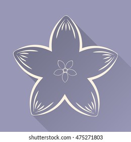 Vector abstract illustration of decorative flat Japan cherry blossom - flowering sakura sketch with long shadow. Isolated on lavender background. Oriental poster. Asia concept. Eps 8.