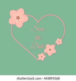 Vector abstract illustration of decorative japan cherry blossom - sakura heart frame. Save the Date. For wedding, anniversary, valentine day design. Isolated on jade green background. Eps 8.