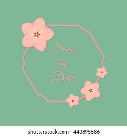 Vector abstract illustration of decorative japan cherry blossom - sakura hexadron frame. Save the Date. For wedding, anniversary, valentine day design. Isolated on jade green background. Eps 8.
