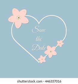 Vector abstract illustration of decorative japan cherry blossom - sakura heart frame. Save the Date. For wedding, anniversary, valentine day design. Isolated on blue background. Eps 8.
