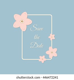 Vector abstract illustration of decorative japan cherry blossom - sakura rectangle frame. Save the Date. For wedding, anniversary, valentine day design. Isolated on blue background. Eps 8.