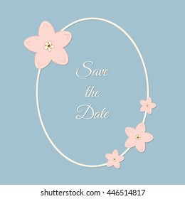 Vector abstract illustration of decorative japan cherry blossom - sakura oval frame. Save the Date. For wedding, anniversary, valentine day design. Isolated on blue background. Eps 8.