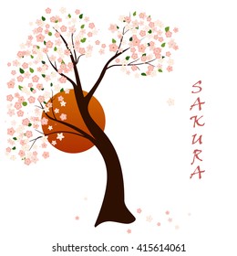 Vector abstract illustration of decorative Japanese cherry blossom tree against red sun. Japan sakura on sunset or sunrise fond. Oriental poster. Asia concept. Isolated on white background. Eps 8.