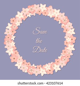 Vector abstract illustration of decorative sakura wreath. Save the Date. For wedding, anniversary, valentine day design. Isolated on lavender background. Eps 8.