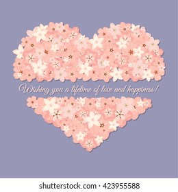 Vector abstract illustration of decorative sakura heart. Wishing you a lifetime of love and happiness. For wedding, anniversary, valentine day design. Isolated on lavender background. Eps 8.