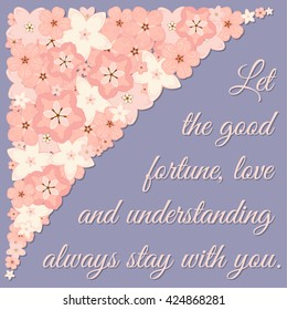 Vector abstract illustration of decorative sakura border. Wedding wishes. For wedding, anniversary, valentine day design. Isolated on lavender background. Eps 8.