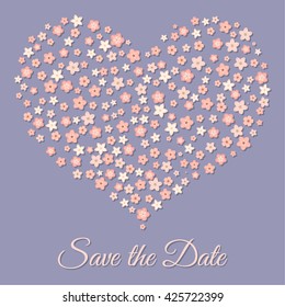 Vector abstract illustration of decorative sakura heart. Wedding invitation. Save the date. For wedding, anniversary, valentine day design. Isolated on lavender background. Eps 8.