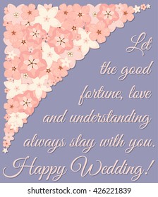 Vector abstract illustration of decorative sakura border. Wedding wishes. Happy Wedding. For wedding, anniversary, valentine day design. Isolated on lavender background. Eps 8.