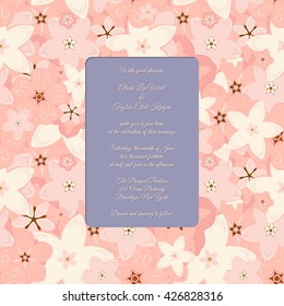 Vector abstract illustration of decorative sakura frame. Wedding Invitation. For wedding, anniversary, valentine day design. Isolated on lavender background. Eps 8.