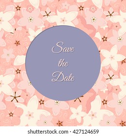 Vector abstract illustration of decorative sakura frame. Save the Date. For wedding, anniversary, valentine day design. Isolated on lavender background. Eps 8.