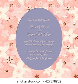 Vector abstract illustration of decorative sakura frame.  Wedding Invitation. For wedding, anniversary, valentine day design. Isolated on lavender background. Eps 8.