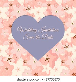 Vector abstract illustration of decorative sakura frame. Wedding Invitation. Save the Date. For wedding, anniversary, valentine day design. Isolated on lavender background. Eps 8.