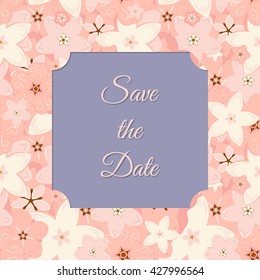 Vector abstract illustration of decorative sakura frame. Save the Date. For wedding, anniversary, valentine day design. Isolated on lavender background. Eps 8.