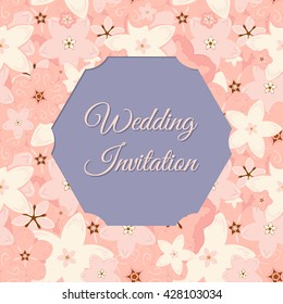 Vector abstract illustration of decorative sakura frame. Wedding Invitation. For wedding, anniversary, valentine day design. Isolated on lavender background. Eps 8.