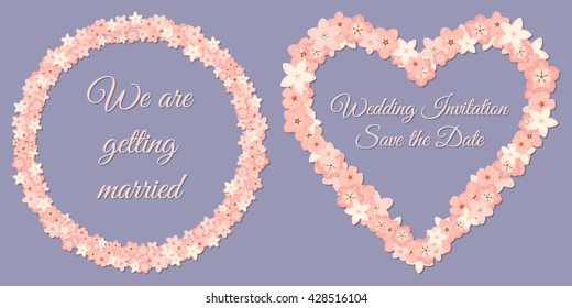 Vector abstract illustration of decorative sakura heart and wreath. Wedding set. Save the date collection. For wedding, anniversary, valentine day design. Isolated on lavender background. Eps 8.