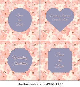 Vector abstract illustration of decorative sakura invitations. Wedding set. Save the date collection. For wedding, anniversary, valentine day design. Isolated on lavender background. Eps 8.