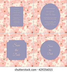 Vector abstract illustration of decorative sakura invitations. Wedding set. Save the date collection. For wedding, anniversary, valentine day design. Isolated on lavender background. Eps 8.