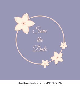 Vector abstract illustration of decorative sakura round frame. Save the Date. For wedding, anniversary, valentine day design. Isolated on lavender background. Eps 8.