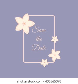 Vector abstract illustration of decorative sakura rectangle frame. Save the Date. For wedding, anniversary, valentine day design. Isolated on lavender background. Eps 8.