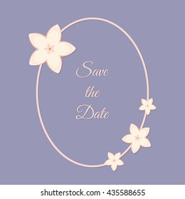 Vector abstract illustration of decorative sakura oval frame. Save the Date. For wedding, anniversary, valentine day design. Isolated on lavender background. Eps 8.