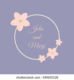 Vector abstract illustration of decorative sakura round frame. For wedding, anniversary, valentine day design. Isolated on lavender background. Eps 8.