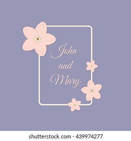 Vector abstract illustration of decorative sakura rectangle frame. For wedding, anniversary, valentine day design. Isolated on lavender background. Eps 8.