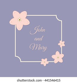 Vector abstract illustration of decorative sakura square frame. For wedding, anniversary, valentine day design. Isolated on lavender background. Eps 8.