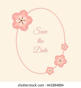 Vector abstract illustration of decorative sakura oval frame. Save the Date. For wedding, anniversary, valentine day design. Isolated on light pastel peach background. Eps 8.