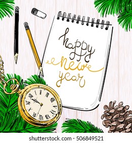 Vector abstract illustration of the desktop. Top view. Christmas. New Year. Celebration. Winter background with a fir cone, a notebook, a pencil and eraser. Office.