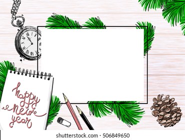 Vector abstract illustration of the desktop. Top view. Christmas. New Year. Celebration. Winter background with a fir cone, a notebook, a pencil and eraser. Office.