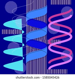 Vector abstract illustration different DNA spirals, PCR analysis on blue background. Concept laboratory analysis biomaterial in medicine, biology, genetics. Can be used in typography, web design, etc.