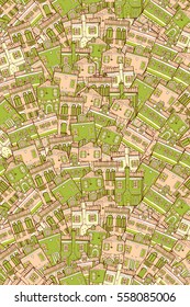Vector Abstract Illustration With Different Houses. Hand Drawn Textured Background. Nice and Comfortable Neighborhood. Cool Colorful City.