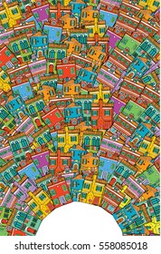 Vector Abstract Illustration With Different Houses. Hand Drawn Textured Background. Nice and Comfortable Neighborhood. Cool Colorful City.