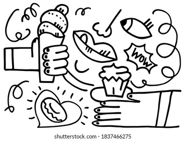 Vector abstract illustration with doodles on theme of confectionery. It shows face, hands holding ice cream, cupcake. It can be used in web design, packaging, banner design, etc.