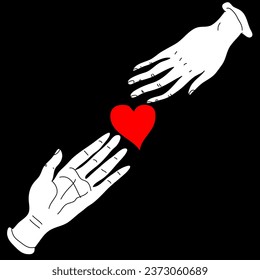 Vector abstract illustration drawn in pencil in the form of a drawing of hands and a heart on a black background