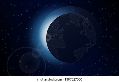 Vector abstract illustration of the earth and and the rising sun, on a background of dark outer space with stars.