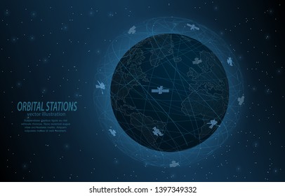 Vector abstract illustration of earth and satellites in orbit, on dark outer space with stars.