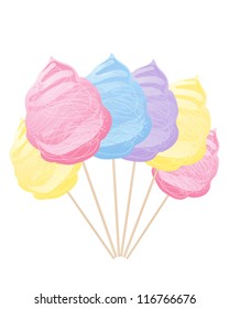 a vector abstract illustration in eps 10 format of a row of colorful blue yellow pink and purple cotton candy on sticks isolated on a white background