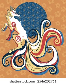 vector abstract illustration of fantasy creature nine tailed fox, folklore, mythology, fantasy art